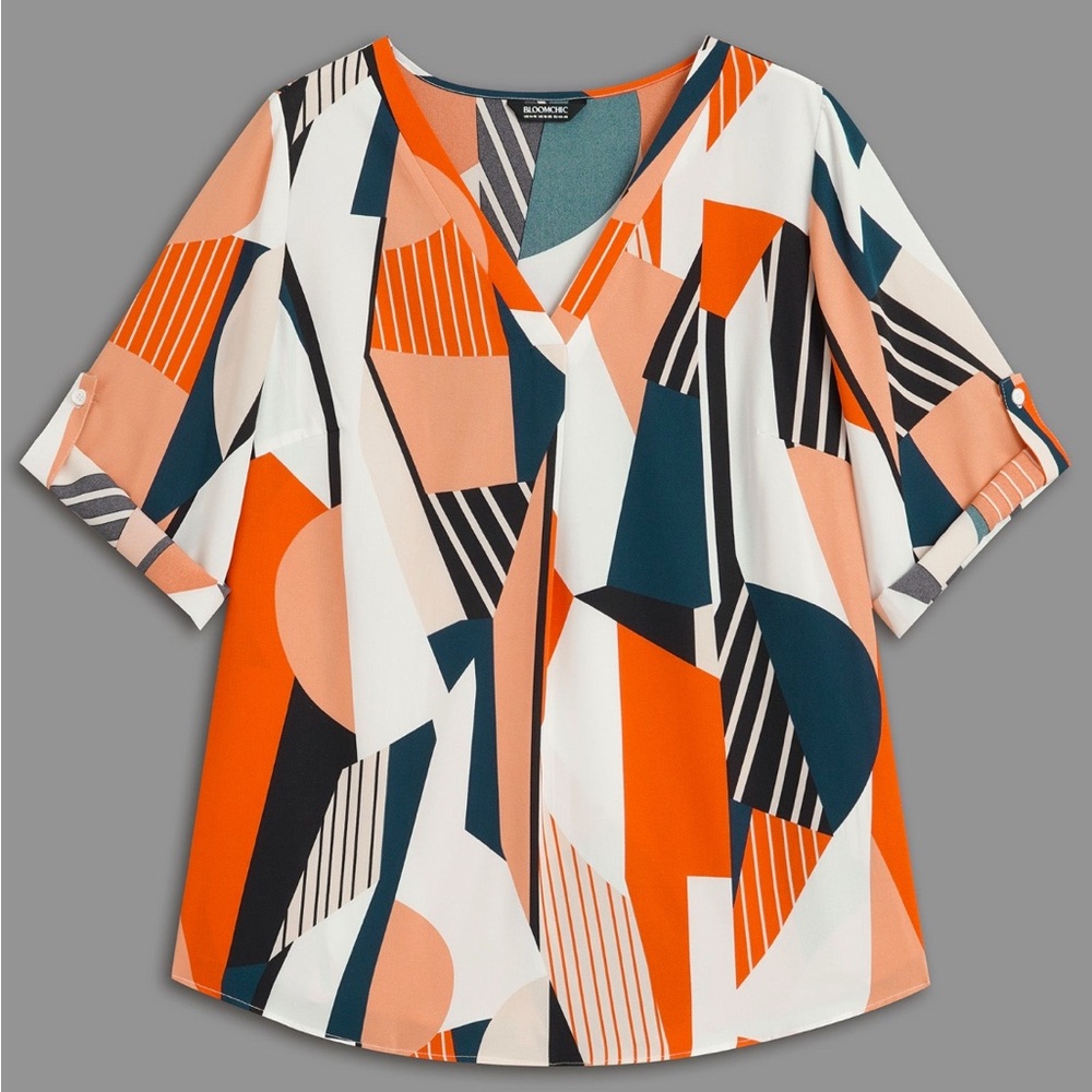 Geometric Print Women's Top - Orange, Black, Cream